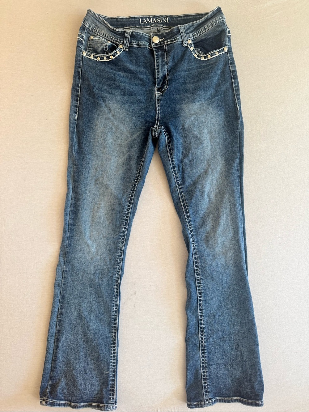 Lamasini Women's Blue Boot Cut Jeans with Studded Pocket Detail